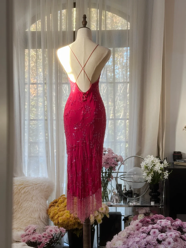 Rose pink halter-neck fitted bodycon long ball gown R7702