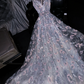 Light gray-blue round neck fitted waist sexy long ball gown, bridal dress R8753