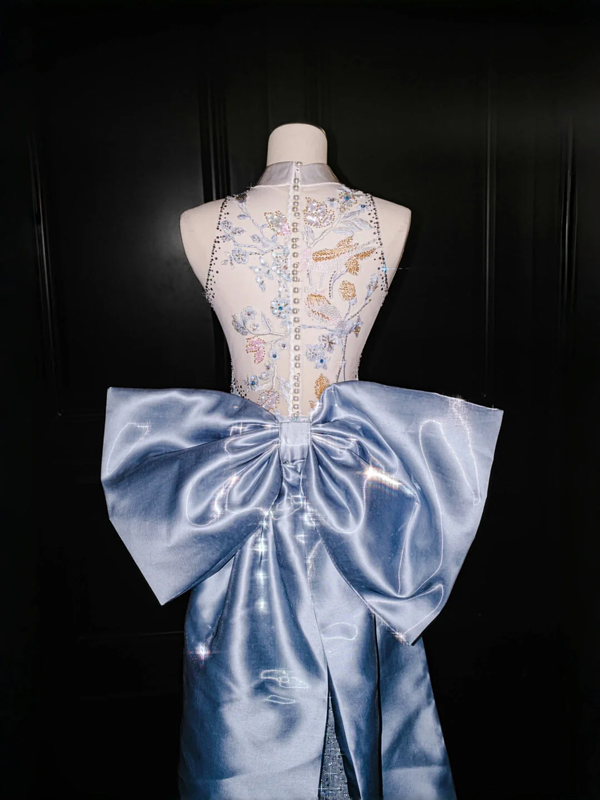 Light blue sequined sleeveless waist slim hip sexy skirt, prom dress R5672