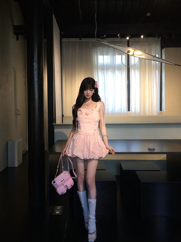 Pink suspender waist slim fit flower bud skirt short skirt homecoming dress R5094
