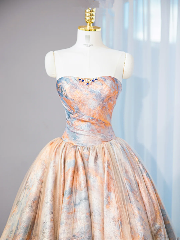 Orange tie-dye strapless fitted waist ball gown with a full skirt, long ball gown, bridal dress R9023