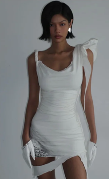 White suspender design, slim waist, irregular skirt, elegant short skirt, homecoming dress R4607