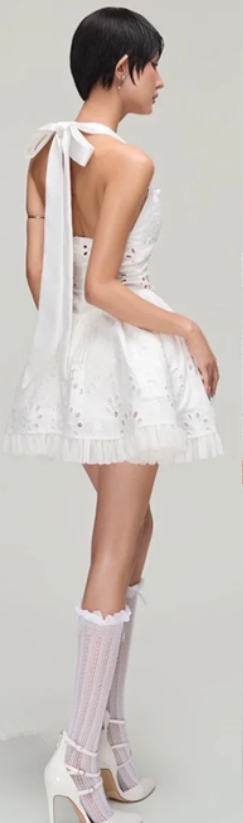 White halter neck energetic cute skirt hollow design skirt short skirt homecoming dress R4687