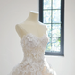 Nude pink lining, white lace strapless bodice, fitted waist, full skirt, long ball gown/bridal dress R8538