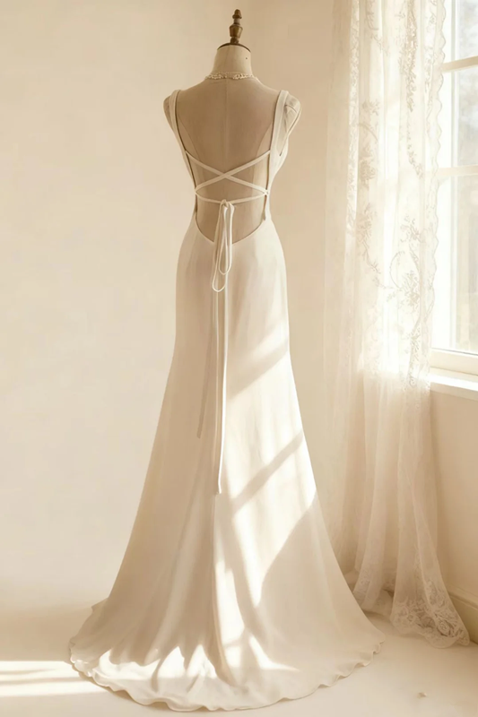 White halter-neck, fitted waist, backless, sexy long ball gown R6747