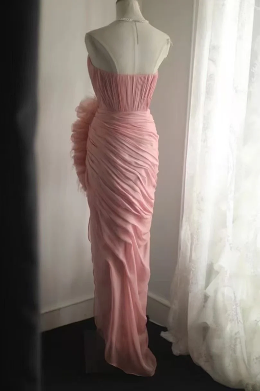 Pink strapless, fitted waist, sexy pleated long ball gown R6707