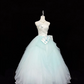 White strapless fitted waist, light green tulle skirt, long ball gown R9053