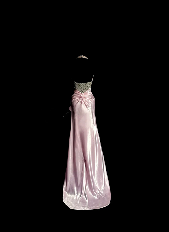 Pink halter neck fitted waist sexy long ball gown R6627