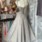Gray halter printed satin pleated waist slim fit A-line maxi ball gown R6188