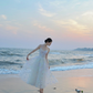 White sheer spaghetti‑strap waist‑cinched slim‑fit appliqué long prom gown, wedding dress R8012