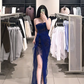 Dark blue strapless fitted waist slim sexy slit long ball gown R7893