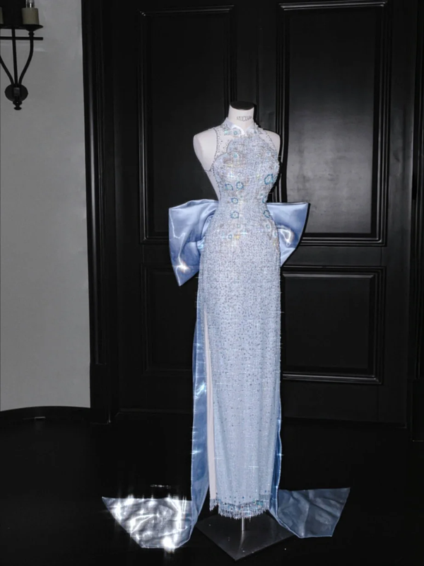 Light blue sequined sleeveless waist slim hip sexy skirt, prom dress R5672