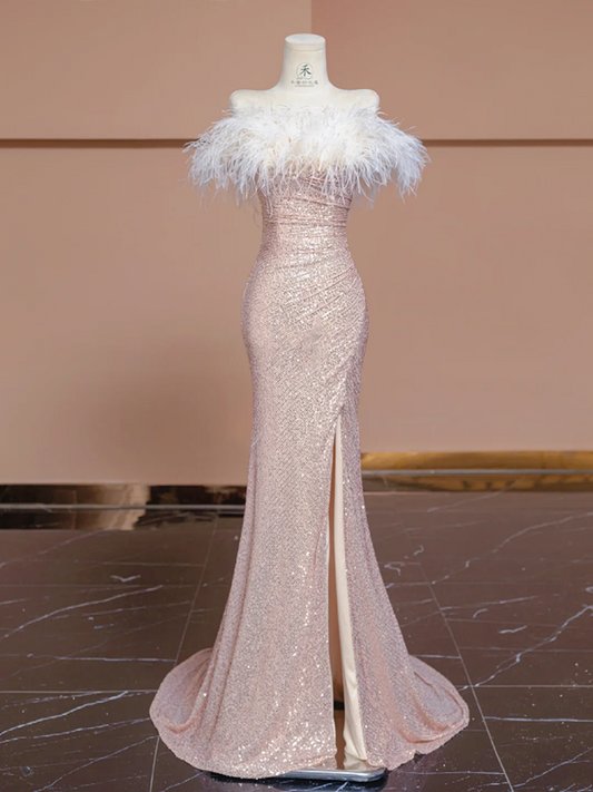 Light pink off-the-shoulder feather neckline, fitted waist, bodycon skirt, long ball gown/bridal dress R8297