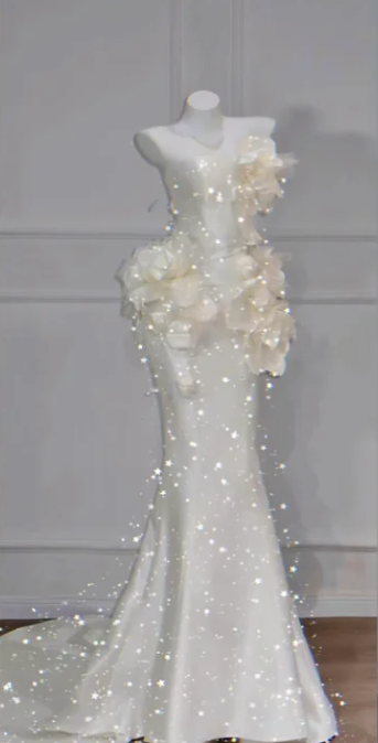 Apricot Strapless Waist-Cinched 3D Floral Appliqué Bodycon Mermaid Ball Gown, Bridal Gown R7145