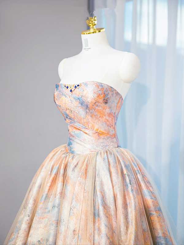 Orange tie-dye strapless fitted waist ball gown with a full skirt, long ball gown, bridal dress R9023