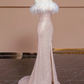 Light pink off-the-shoulder feather neckline, fitted waist, bodycon skirt, long ball gown/bridal dress R8297