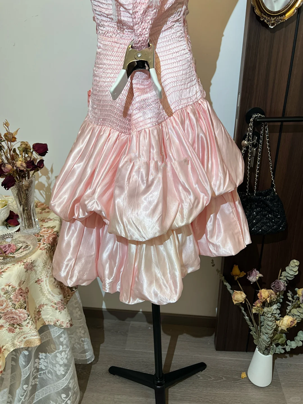 Pink halter neck slim waist flower bud cute short skirt homecoming dress R4243