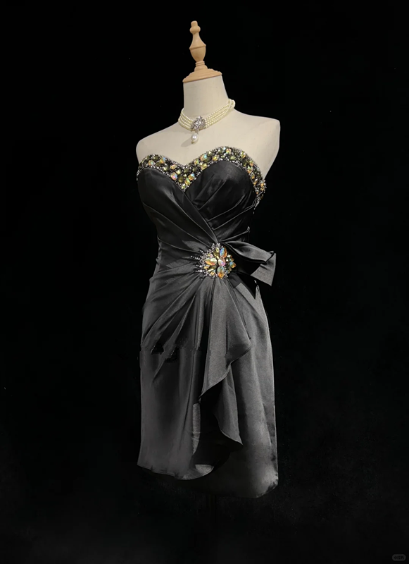 Black tube top diamond waist design sense slimming short dress homecoming dress R4894