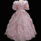 Pink vintage ball gown with a cinched waist and a voluminous puffy skirt; bridal gown R7299