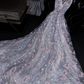 Light gray-blue round neck fitted waist sexy long ball gown, bridal dress R8753