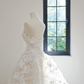 Nude pink lining, white lace strapless bodice, fitted waist, full skirt, long ball gown/bridal dress R8538