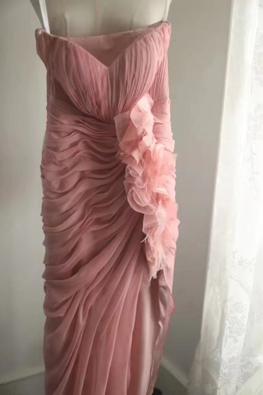 Pink strapless, fitted waist, sexy pleated long ball gown R6707