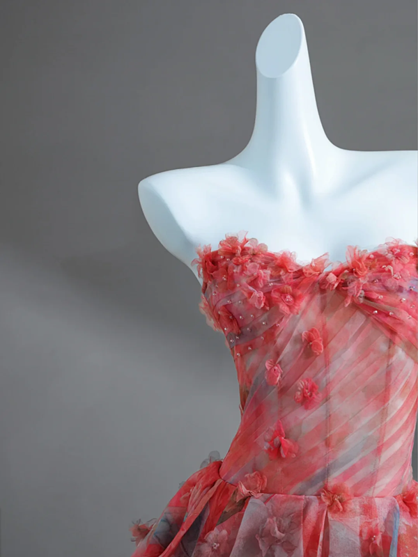 Pink floral tube top waist A-line long skirt, prom dress R5636