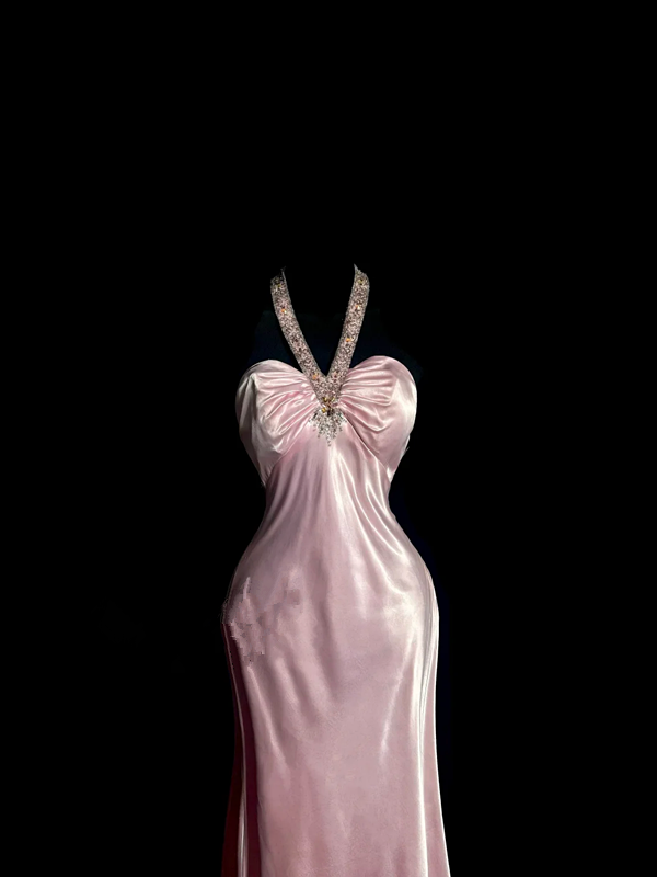Pink halter neck fitted waist sexy long ball gown R6627