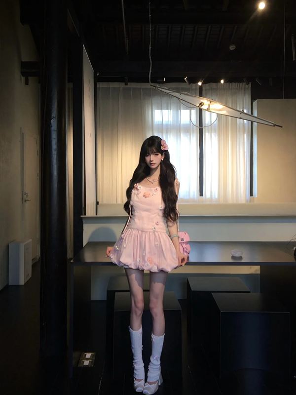 Pink suspender waist slim fit flower bud skirt short skirt homecoming dress R5094