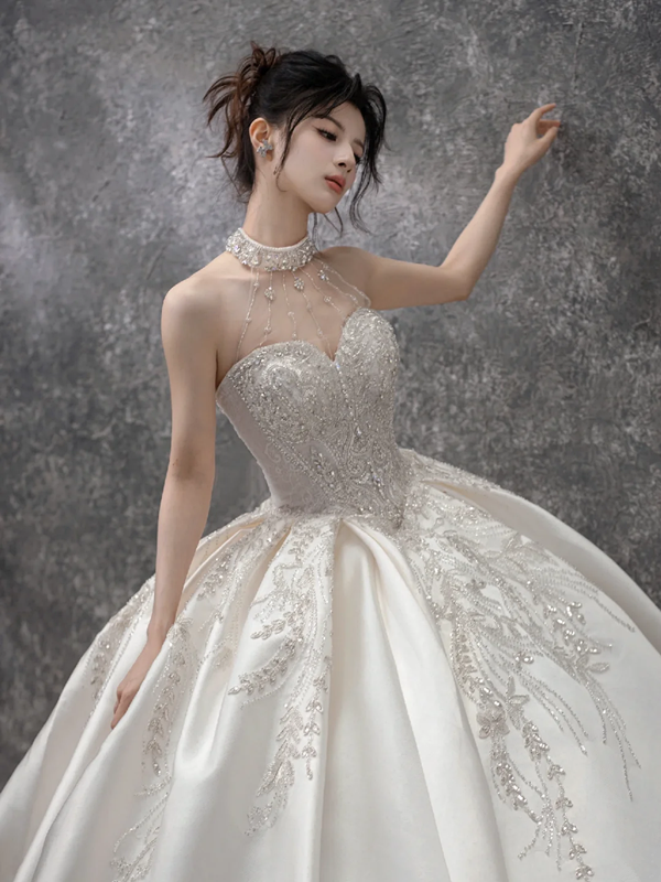 White halterneck sequined waist slim fit puffy skirt long bridal dress R5793