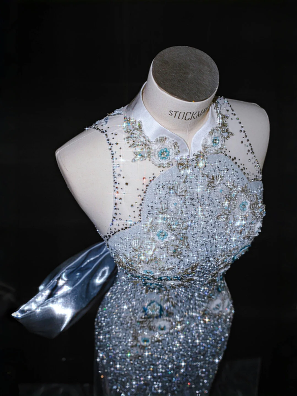 Light blue sequined sleeveless waist slim hip sexy skirt, prom dress R5672