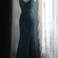 Dark green sequined halter-neck fitted long ball gown R6786