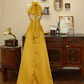 Mustard yellow halter neck fitted waist long ball gown R7179