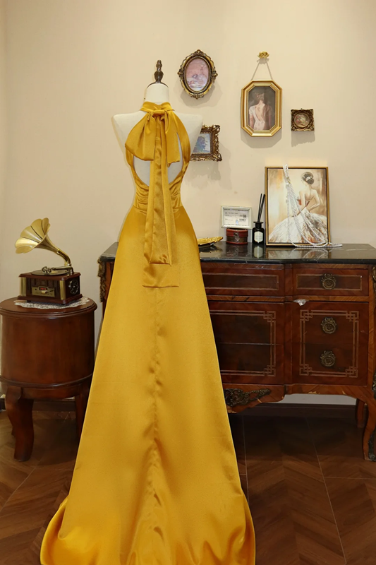 Mustard yellow halter neck fitted waist long ball gown R7179