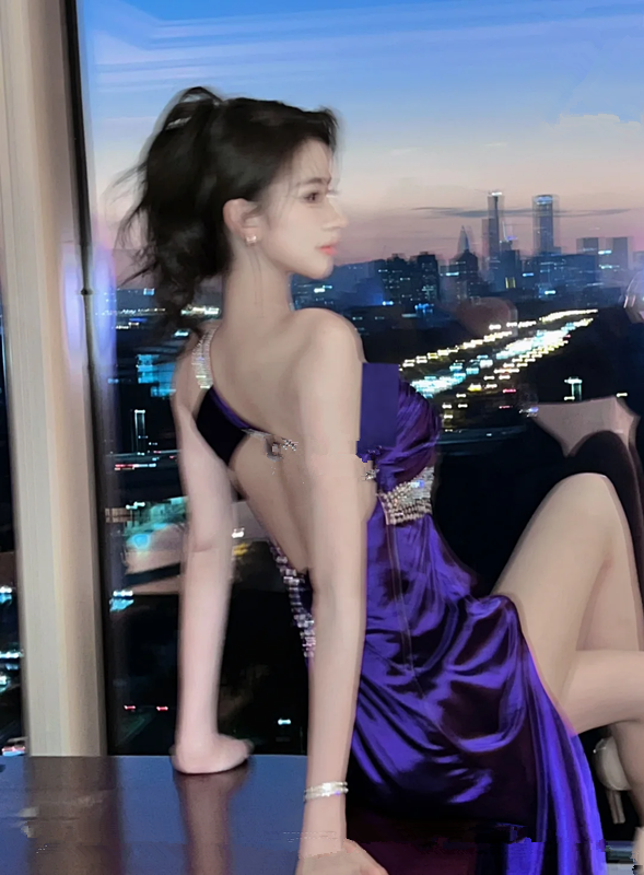 Purple One-Shoulder Waist-Cinched Fitted High-Slit Floor-Length Sexy Prom Dress R7106