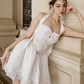 White halterneck hollow waist elegant A-line long skirt short skirt homecoming dress R4648