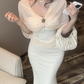 Apricot-colored sexy shawl-style fitted waist bodycon long ball gown R6228