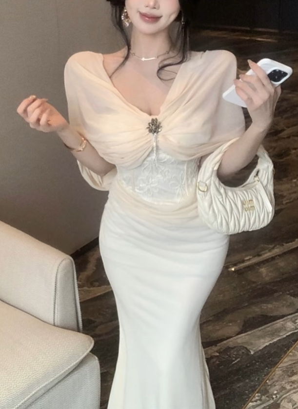 Apricot-colored sexy shawl-style fitted waist bodycon long ball gown R6228