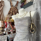 Gray halter printed satin pleated waist slim fit A-line maxi ball gown R6188