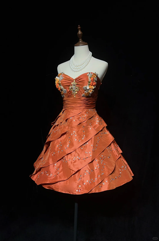 Orange halter top waist slim fit A-line princess skirt homecoming dress R4975