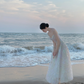 White sheer spaghetti‑strap waist‑cinched slim‑fit appliqué long prom gown, wedding dress R8012