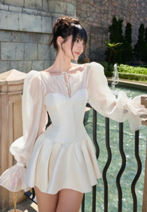 White satin elegant waist slim fit short skirt homecoming dress R4405