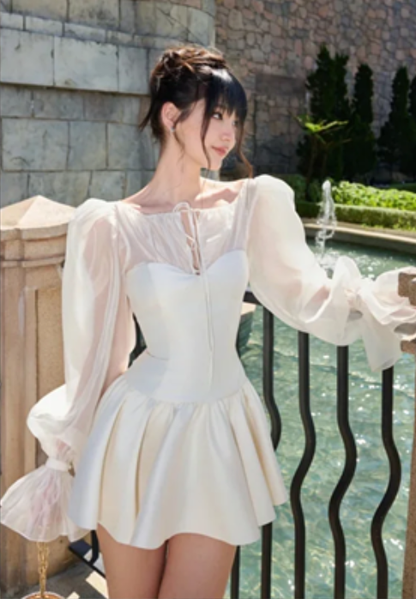 White satin elegant waist slim fit short skirt homecoming dress R4405