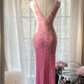 Pink gradient V-neck fitted long ball gown for young girls R7742