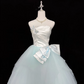 White strapless fitted waist, light green tulle skirt, long ball gown R9053