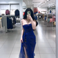 Dark blue strapless fitted waist slim sexy slit long ball gown R7893