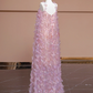 Light pink halter-neck straight long ball gown, bridal dress R8325