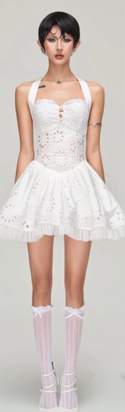 White halter neck energetic cute skirt hollow design skirt short skirt homecoming dress R4687