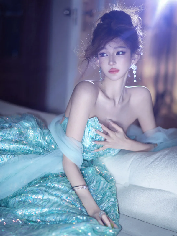 Light blue strapless, fitted waist, backless, sexy, long ball gown with a flared skirt R7066