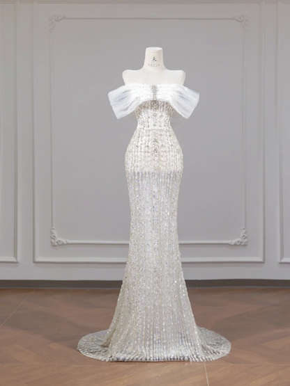 White, sparkling, off-the-shoulder, fitted, bodycon long ball gown/bridal dress R8267